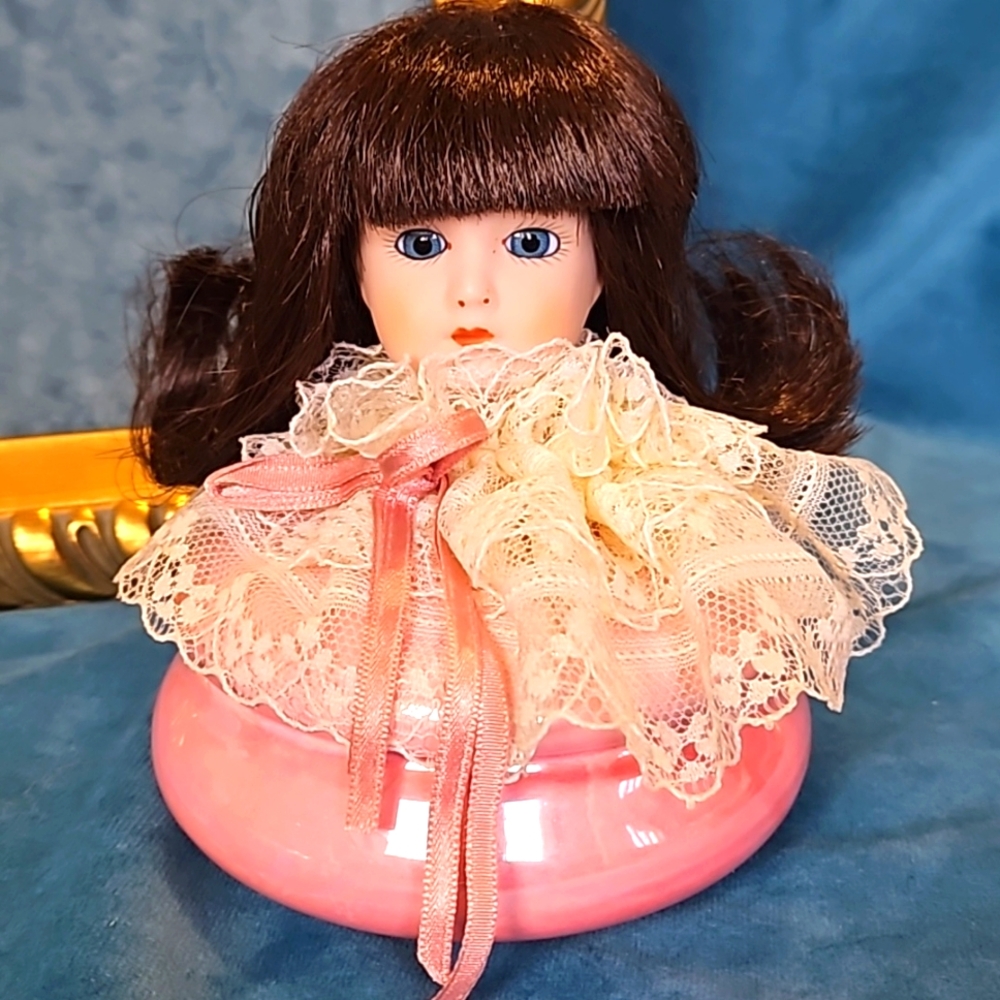 Vintage 1980s porcelain doll trinket box, perfect condition, lace dress